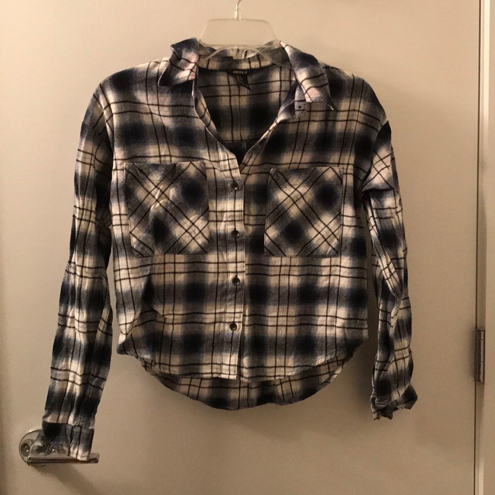 (3/$15) Short waist white/blue plaid button up